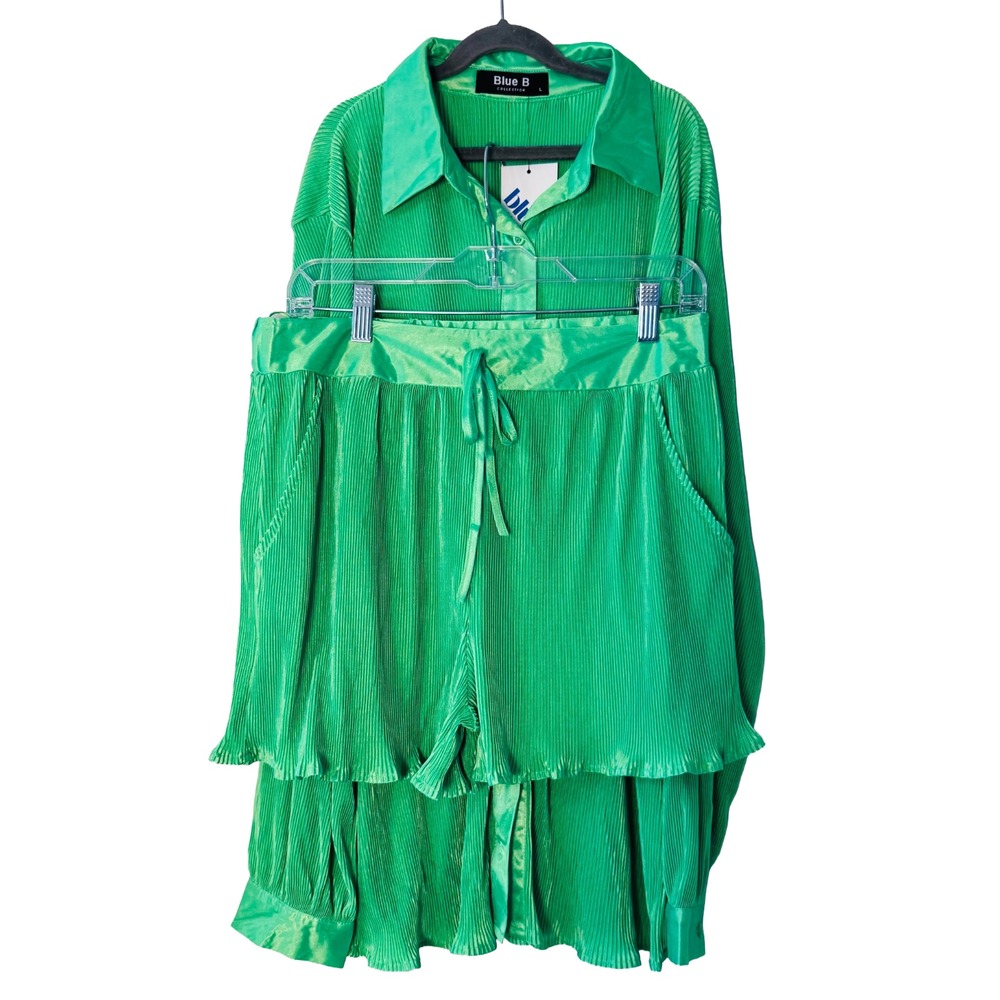 Blue B Kelly Green Plisse Satin 2 Piece Set Size Large Resort Glam Y2K NWT Women